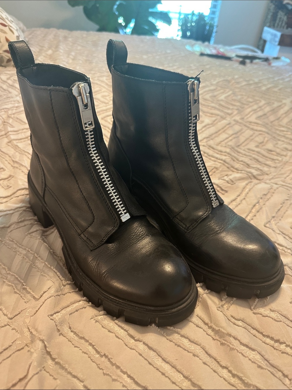 Steve Madden Black Leather Front-Zip Combat Boots